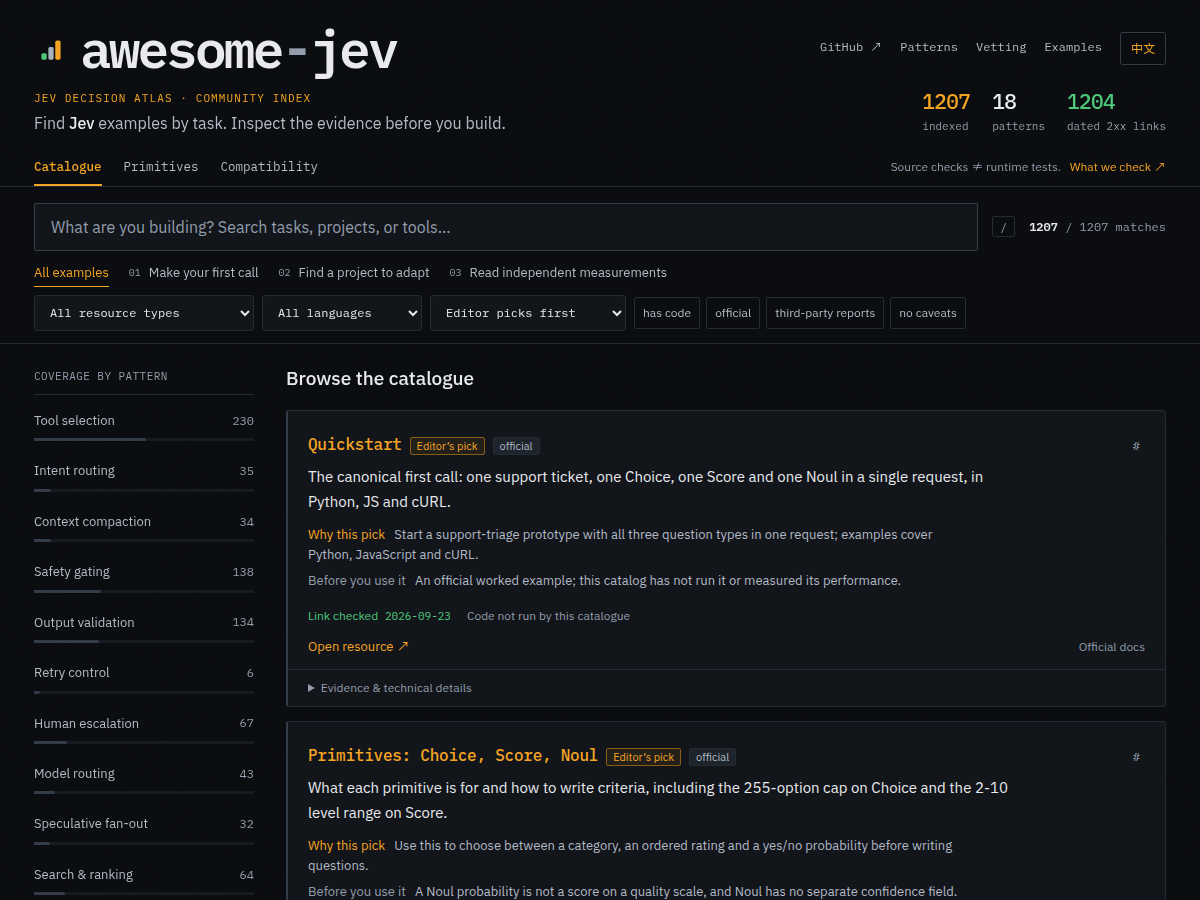 Searchable Jev catalogue with curated paths, filters, dated source evidence and entry cards
